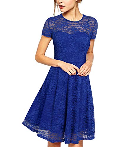 ZANZEA Mujer Vestidos de Fiesta Encaje Tallas Grandes Cuello Redondo Manga Corta Elegante Cóctel 01-Azul XXL