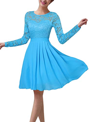 ZANZEA Vestido de Fiesta Encaje Manga Larga Mujer Tallas Grandes Elegant Vestido de Cóctel de Noche Cortos 02-Azul S