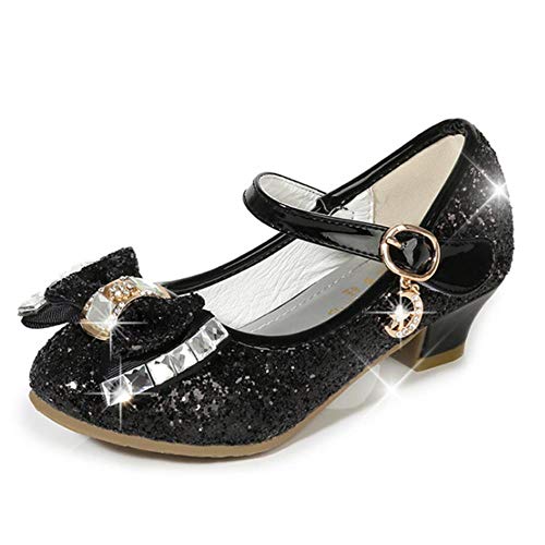 Zapatos de princesa para niñas sandalias de tacón alto con purpurina brillante y diamantes de imitación para bebés de fiesta, color negro, 36