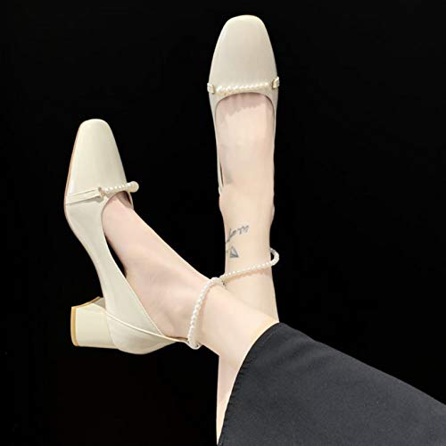 Zapatos de tacón con Correa en el Tobillo para Mujer, Zapatos de Corte Sexis con Punta Cuadrada, Zapatos de tacón de Bloque para Primavera y otoño, Tacones Altos con Punta Cerrada para Boda