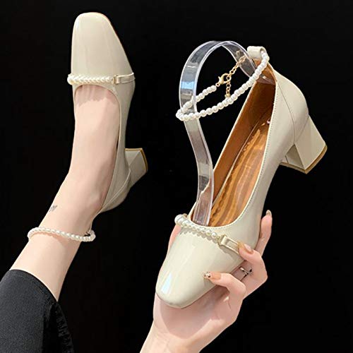Zapatos de tacón con Correa en el Tobillo para Mujer, Zapatos de Corte Sexis con Punta Cuadrada, Zapatos de tacón de Bloque para Primavera y otoño, Tacones Altos con Punta Cerrada para Boda