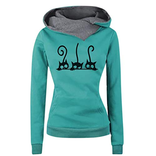 ZODOF Sudadera con Capucha para Mujer Moda Manga Larga Impresión de Gato Camiseta Tops Abrigos Pullover Hoodies Uniforme Unisex(XL,Azul)