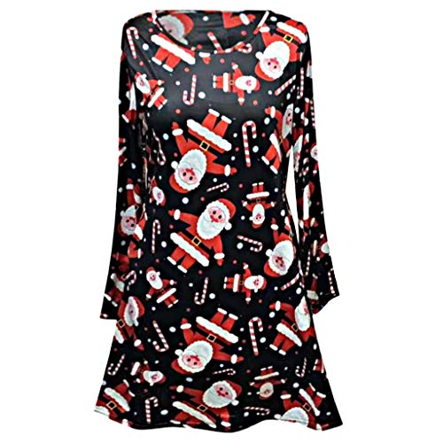 ZODOF Vestidos Mujer Navidad,Vestido Mujer De Fiesta,Mujer Otoño Tallas Grandes,Vintage Impresión Navideña Vestidos Manga Larga Dama's Vestidos de Moda Club,Negro