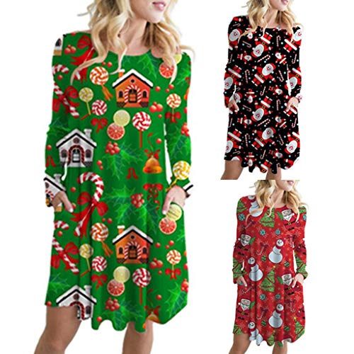 ZODOF Vestidos Mujer Navidad,Vestido Mujer De Fiesta,Mujer Otoño Tallas Grandes,Vintage Impresión Navideña Vestidos Manga Larga Dama's Vestidos de Moda Club,Negro