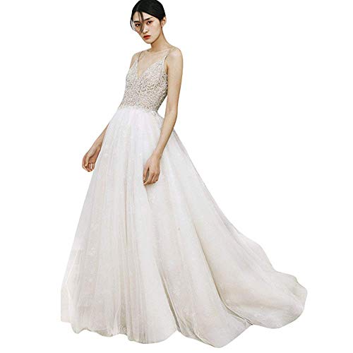 ztmyqp Simplicidad Elegante Vestido de Novia Gasa de Mujer una Palabra Hombro con Cuello en V Mangas Cortas Aleteo Gasa Elegante Vestidos Largos de Noche Vestido de Novia de Encaje Blanco para MujerB