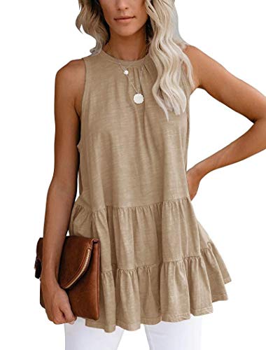 ZWH 2020 Arco Iris Cinco Yardas Amazon Ebay Desean Las Nuevas Mujeres de la Camiseta del Color sólido de Costura sin Mangas Cuello Redondo Flojo (Color : Khaki, Size : XXL)