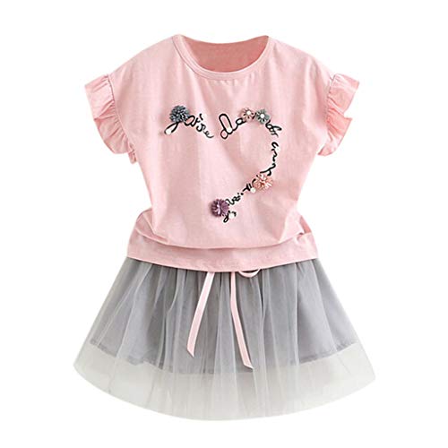 2019 Ropa Niña Verano 2 a 3 4 5 6 7 años | Moderna Camiseta Manga Corta con Estampado de Flor y Rose + Tutu Falda Corta de Malla | 2PC/Conjunto de Oferta | para Fiesta | Marca Fossen