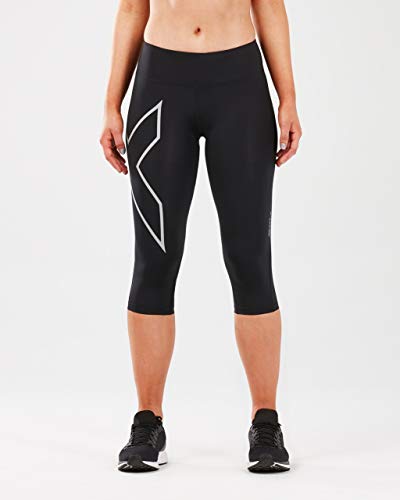 2XU Mallas de compresión 3/4 para Mujer Run Wa5313b, Mujer, Ceñidos, 9336340729204, Negro/Plateado Reflectante, S