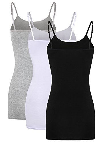 3 Piezas de Camisola Larga Básica de Mujeres Camisola de Tirante de Spaghetti Ajustable Camiseta sin Mangas (Negro, Blanco, Gris, Talla XL)