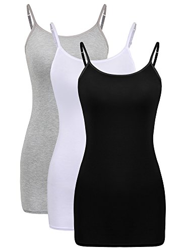 3 Piezas de Camisola Larga Básica de Mujeres Camisola de Tirante de Spaghetti Ajustable Camiseta sin Mangas (Negro, Blanco, Gris, Talla XL)