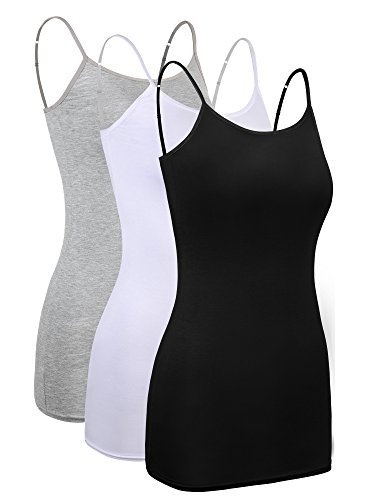 3 Piezas de Camisola Larga Básica de Mujeres Camisola de Tirante de Spaghetti Ajustable Camiseta sin Mangas (Negro, Blanco, Gris, Talla XL)
