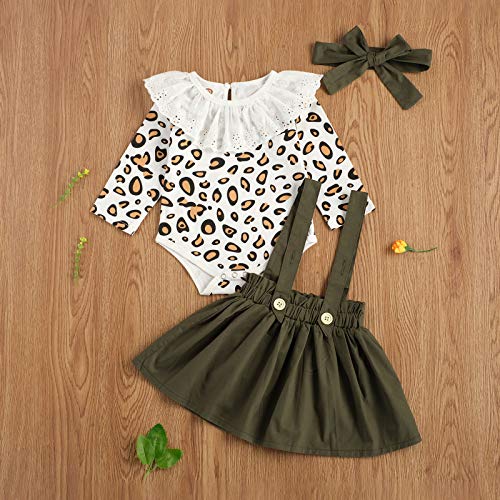 3 Piezas Traje de Bebé Recién Nacida Conjunto para Niña Pequeña Top Mameluco de Manga Larga con Volantes y Estampado de Leopardo + Falda de Tirantes + Diadema (Verde, 0-6 Meses)