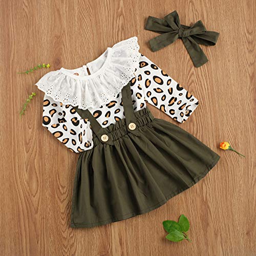 3 Piezas Traje de Bebé Recién Nacida Conjunto para Niña Pequeña Top Mameluco de Manga Larga con Volantes y Estampado de Leopardo + Falda de Tirantes + Diadema (Verde, 0-6 Meses)