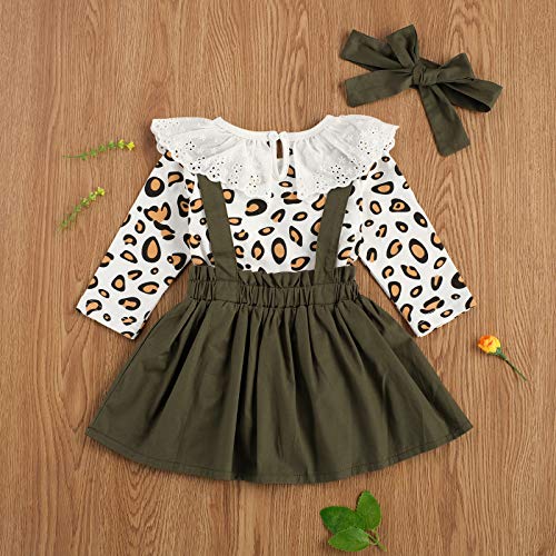 3 Piezas Traje de Bebé Recién Nacida Conjunto para Niña Pequeña Top Mameluco de Manga Larga con Volantes y Estampado de Leopardo + Falda de Tirantes + Diadema (Verde, 0-6 Meses)