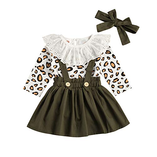 3 Piezas Traje de Bebé Recién Nacida Conjunto para Niña Pequeña Top Mameluco de Manga Larga con Volantes y Estampado de Leopardo + Falda de Tirantes + Diadema (Verde, 0-6 Meses)