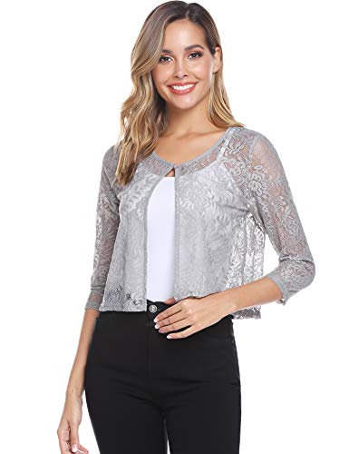 Abollria Bolero Manga Corta Mujer para Fiesta Boda Bordado Chaqueta Corta Primavera Torera Elegante Cárdigan Corto para Verano, Gris, M