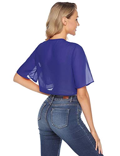 Abollria Bolero Manga Corta Mujer para Fiesta Boda Gasa Chaqueta Corta Primavera Torera Elegante Cárdigan Corto para Verano, Azul Nuevo, S