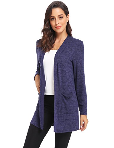 Abollria Cárdigan Mujer Largo Casual Chaqueta Punto Manga Larga Rebecas con Bolsillos para Primavera Verano Otoño Azul Real, XXL