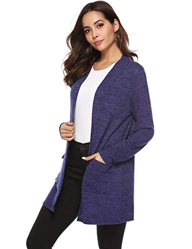 Abollria Cárdigan Mujer Largo Casual Chaqueta Punto Manga Larga Rebecas con Bolsillos para Primavera Verano Otoño Azul Real, XXL