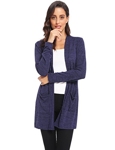 Abollria Cárdigan Mujer Largo Casual Chaqueta Punto Manga Larga Rebecas con Bolsillos para Primavera Verano Otoño Azul Real, XXL