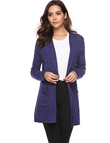 Abollria Cárdigan Mujer Largo Casual Chaqueta Punto Manga Larga Rebecas con Bolsillos para Primavera Verano Otoño Azul Real, XXL