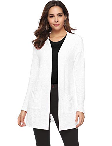 Abollria Cárdigan Mujer Largo Casual Chaqueta Punto Manga Larga Rebecas con Bolsillos para Primavera Verano Otoño Blanco, XXL