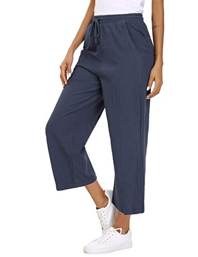 Abollria Pantalones de Algodón y Lino para Mujer Sueltos Pantalones de Pierna Ancha Verano Pantalón Anchos Pants Pantalones de Palazzo con Cordón
