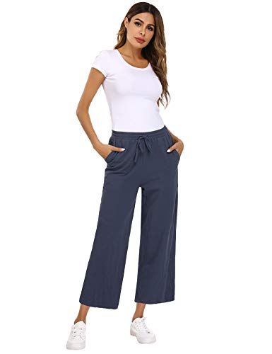 Abollria Pantalones de Algodón y Lino para Mujer Sueltos Pantalones de Pierna Ancha Verano Pantalón Anchos Pants Pantalones de Palazzo con Cordón