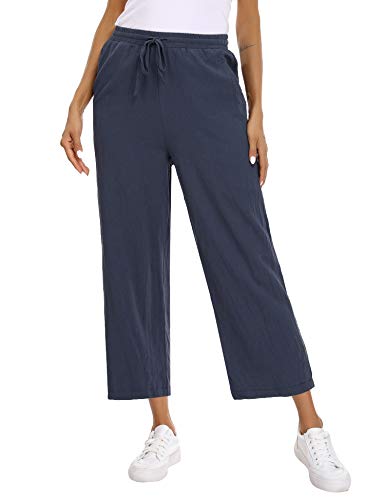 Abollria Pantalones de Algodón y Lino para Mujer Sueltos Pantalones de Pierna Ancha Verano Pantalón Anchos Pants Pantalones de Palazzo con Cordón