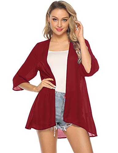 Abollria Playa Cárdigan Verano Chaqueta Kimono de Gasa Manga 3/4 Ropa de Baño Cover Up Casual Capas para para Mujer Rojo S