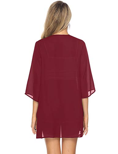 Abollria Playa Cárdigan Verano Chaqueta Kimono de Gasa Manga 3/4 Ropa de Baño Cover Up Casual Capas para para Mujer Rojo S