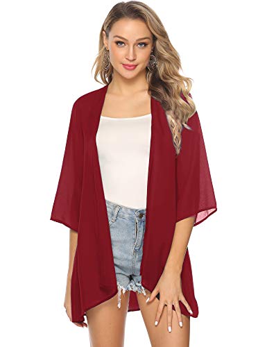 Abollria Playa Cárdigan Verano Chaqueta Kimono de Gasa Manga 3/4 Ropa de Baño Cover Up Casual Capas para para Mujer Rojo S