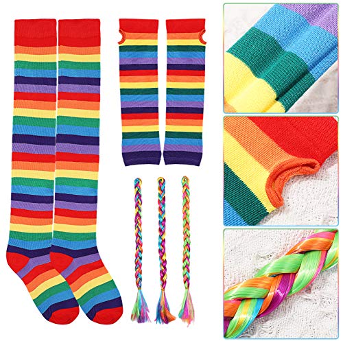 ABOOFAN Juego de tutú multicolor con tutú y falda arcoíris, juego de calcetines largos multicolor con rayas de arco iris para disfraz de carnaval o fiesta