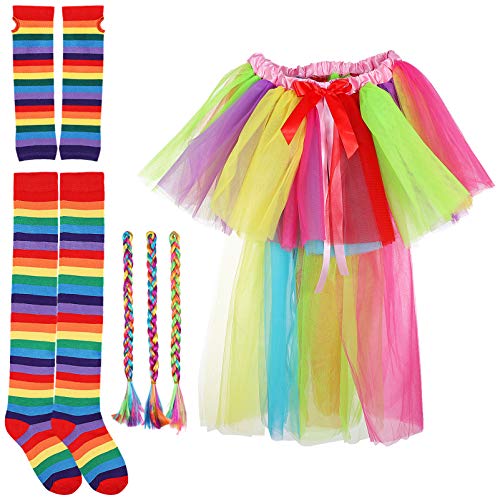 ABOOFAN Juego de tutú multicolor con tutú y falda arcoíris, juego de calcetines largos multicolor con rayas de arco iris para disfraz de carnaval o fiesta
