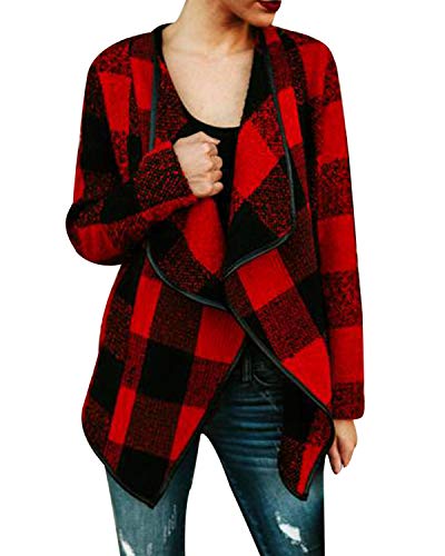 ACHIOOWA Cárdigan para Mujer Frente Abierto Blazer a Cuadros Tartán Chaqueta Corta de Túnica Casual Tops roja Negra S