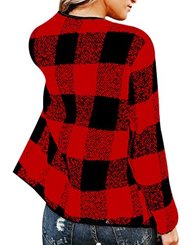ACHIOOWA Cárdigan para Mujer Frente Abierto Blazer a Cuadros Tartán Chaqueta Corta de Túnica Casual Tops roja Negra S
