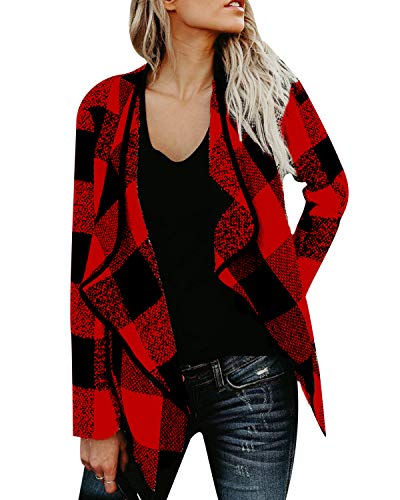 ACHIOOWA Cárdigan para Mujer Frente Abierto Blazer a Cuadros Tartán Chaqueta Corta de Túnica Casual Tops roja Negra S