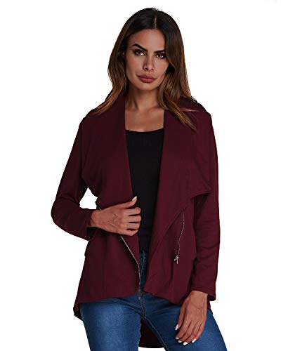 ACHIOOWA Chaqueta Corta Mujer Manga Larga Tops Casual Blusa Cárdigan con Frente Abierto Abrigos Solapa Oficina Vino Rojo M