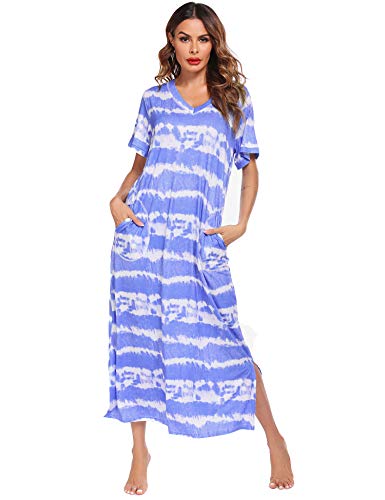 ADOME Camisón de manga corta para mujer, camisón de noche, vestido largo, vestido de playa, vestido de ocio, vestido de lactancia, ropa de dormir para verano Azul-B. XL