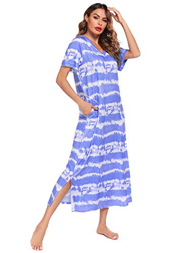 ADOME Camisón de manga corta para mujer, camisón de noche, vestido largo, vestido de playa, vestido de ocio, vestido de lactancia, ropa de dormir para verano Azul-B. XL