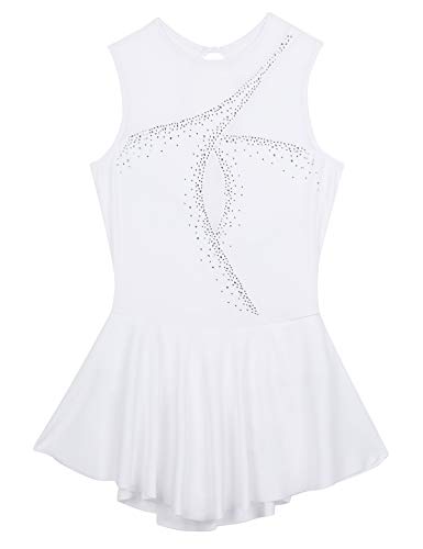 Agoky Maillot de Patinaje Artístico con Falda para Mujer Vestido de Danza Clásica Diamante Leotardo de Ballet Gimnasia Rítmica Traje Patinadora Blanco X-Small