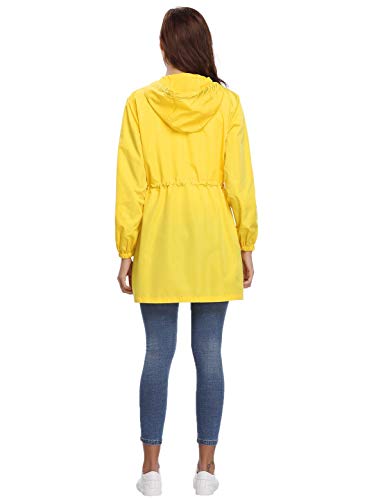 Aibrou Abrigo Impermeables con Capucha para Mujer,Cortavientos,Cortavientos Deportivo de Manga Larga Impermeable,Ligero y Delgado Chubasquero para Exteriores, Amarillo, XL