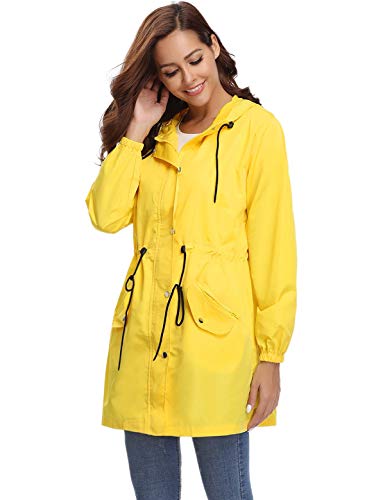 Aibrou Abrigo Impermeables con Capucha para Mujer,Cortavientos,Cortavientos Deportivo de Manga Larga Impermeable,Ligero y Delgado Chubasquero para Exteriores, Amarillo, XL