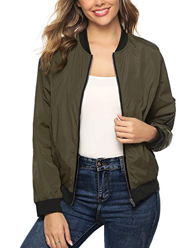 Aibrou Chaqueta Bomber Mujer Invierno,Cazadora Oversize,Suelto y cómodo Estilo Neutro,Casual Uniforme Beisbol con Cremallera,Cazadora Bomber Chaqueta Ligera (Ejercito Verde, S)