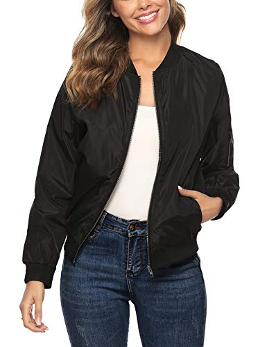Aibrou Chaqueta Bomber Mujer Invierno,Cazadora Oversize,Suelto y cómodo Estilo Neutro,Casual Uniforme Beisbol con Cremallera,Cazadora Bomber Chaqueta Ligera (Negro, S)
