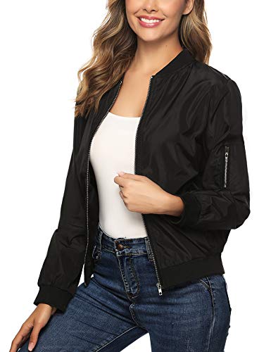 Aibrou Chaqueta Bomber Mujer Invierno,Cazadora Oversize,Suelto y cómodo Estilo Neutro,Casual Uniforme Beisbol con Cremallera,Cazadora Bomber Chaqueta Ligera (Negro, S)