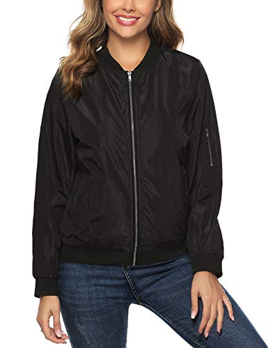 Aibrou Chaqueta Bomber Mujer Invierno,Cazadora Oversize,Suelto y cómodo Estilo Neutro,Casual Uniforme Beisbol con Cremallera,Cazadora Bomber Chaqueta Ligera (Negro, S)