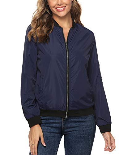 Aibrou Chaqueta Bomber Mujer,Cazadora Moto Jacket Mujer,Casual Uniforme Beisbol con Cremallera (Armada, S)