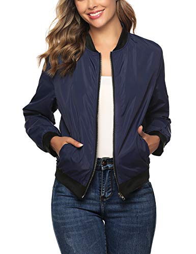 Aibrou Chaqueta Bomber Mujer,Cazadora Moto Jacket Mujer,Casual Uniforme Beisbol con Cremallera (Armada, S)
