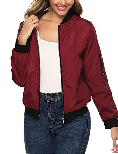 Aibrou Chaqueta Bomber Mujer,Cazadora Moto Jacket Mujer,Casual Uniforme Beisbol con Cremallera,Jacket Bomber Style (Vino Rojo, XXL)